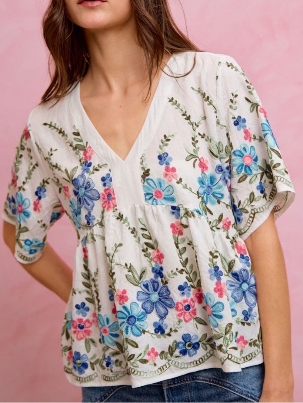 🩵SO ME Floral Embroidered V Neck Boho Blouse Top- Blue